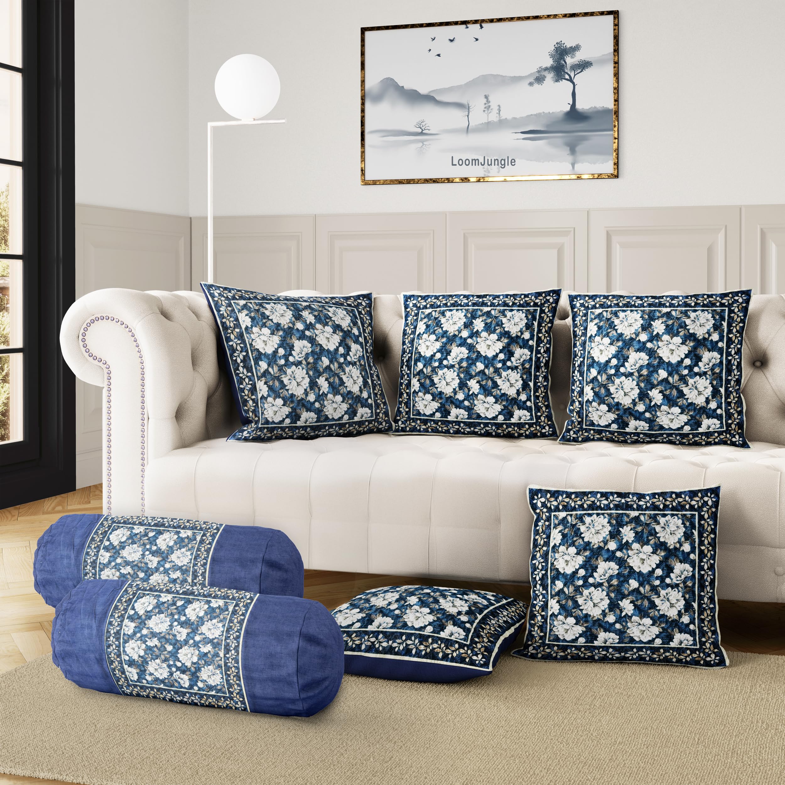 Blue Covers Combo 5 Cushion Covers and 2 Bolster Covers (16x16 & 32x16 Inch) | Tree Quilted Microfiber Pairs for Traditional Baithak Seating, Masnad Cover Set, Takiya Cover-image-18