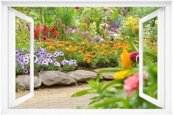 Fake Window Decal - 24"x16" Vinyl Wall Art | Garden Flower Scene Mural Sticker | Peel & Stick Removable Decor