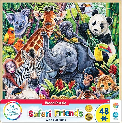 Masterpieces Rompecabezas de 48 piezas de hechos divertidos para niños, rompecabezas de madera Safari Friends, 12 x 12 pulgadas