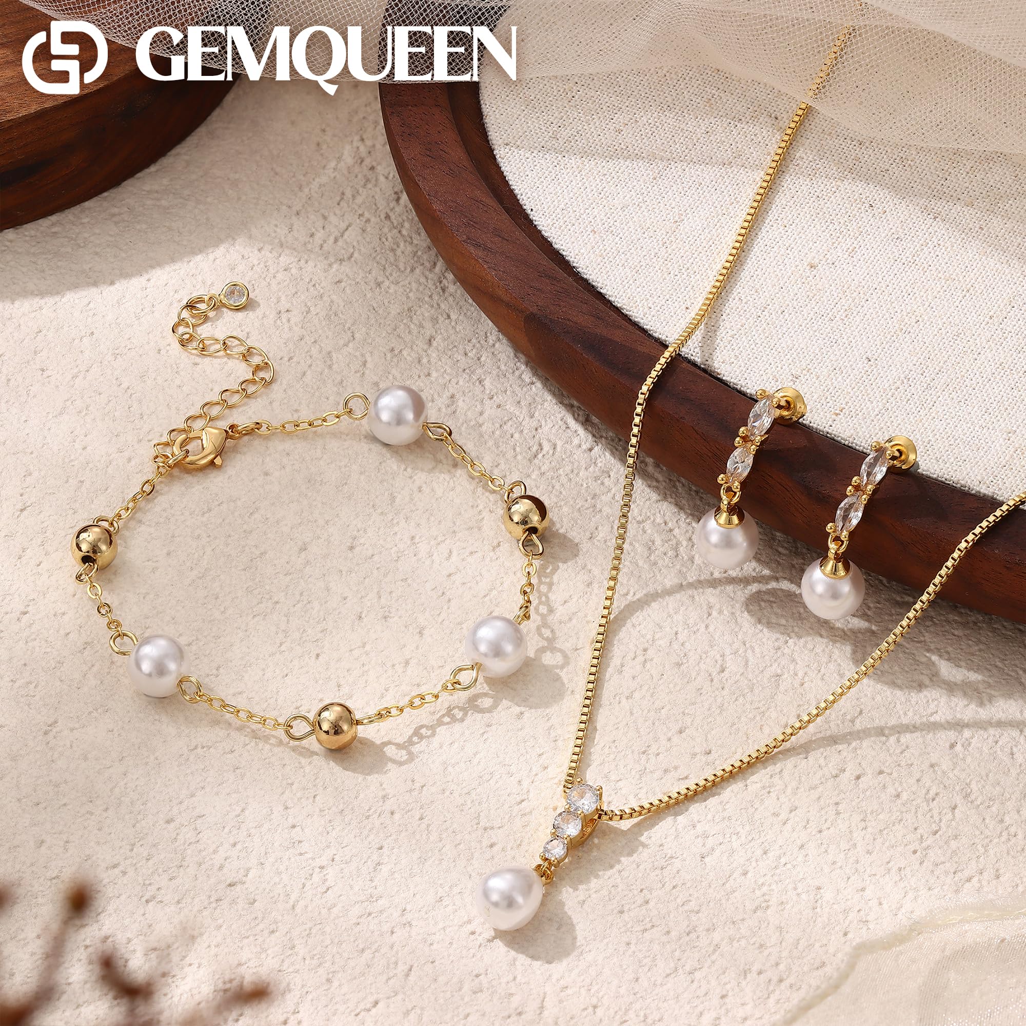 14K Gold Plated Pearl Jewelry Set for Women - 925 Sterling Silver Post Dangle Earrings Dainty Pearl Necklace Bracelet Wedding Jewelry Sets for Bride Bridesmaid CZ Costume Accessories Trendy