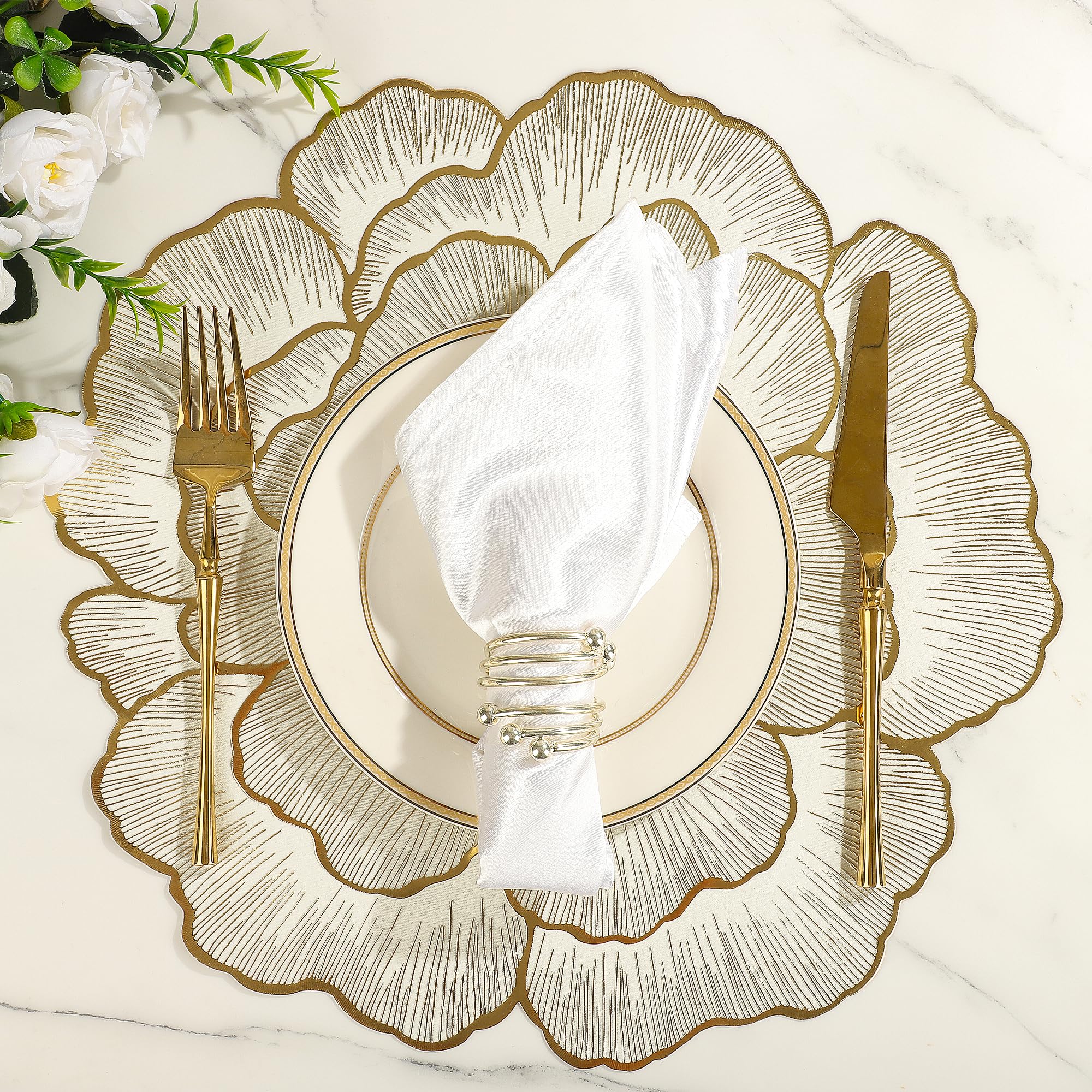 fanquare Gold Placemats Set of 6 Floral Elegant PVC Rose Flower Place Mats with Gold Border Heat Resistant Washable Non-Slip Tablemats for Dining Table Kitchen Decoration 38cm - Image 4