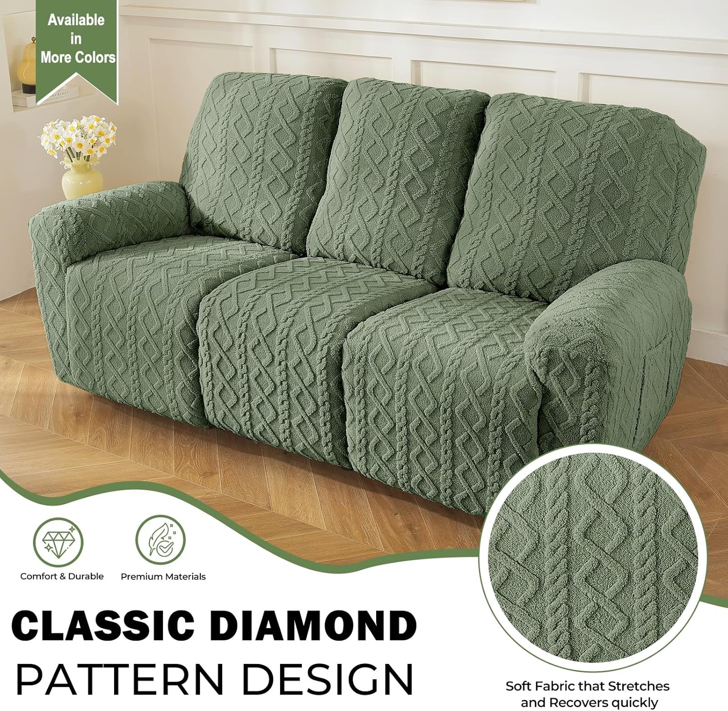 vctops 8 Pieces Geometric Jacquard Plush Recliner Sofa Covers Soft Fuzzy Fluffy 3 Seats Couch Cover Anti-Slip Sofa Slipcover Furniture Protector with Elastic Bottom for Kids Pet(Green,3 Seat)