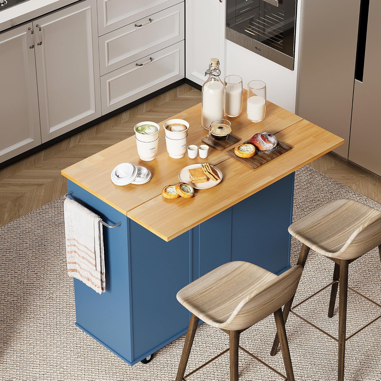 Shintenchi Rolling Kitchen Island Cart with Folding Drop Leaf Breakfast Bar, Portable Trolley Island with Large Storage Cabinet, Shelf and Drawer, Blue Blue 1 Cabinet + 3 Drawers
