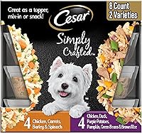 Cesar Simply Crafted Wet Dog Food Toppers Variety Pack: Real Chicken, Duck & Veggies, 1.3oz Tubs, 8 Count