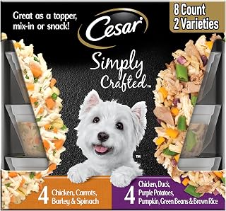 Cesar Simply Crafted Wet Dog Food Toppers Variety Pack: Real Chicken, Duck & Veggies, 1.3oz Tubs, 8 Count
