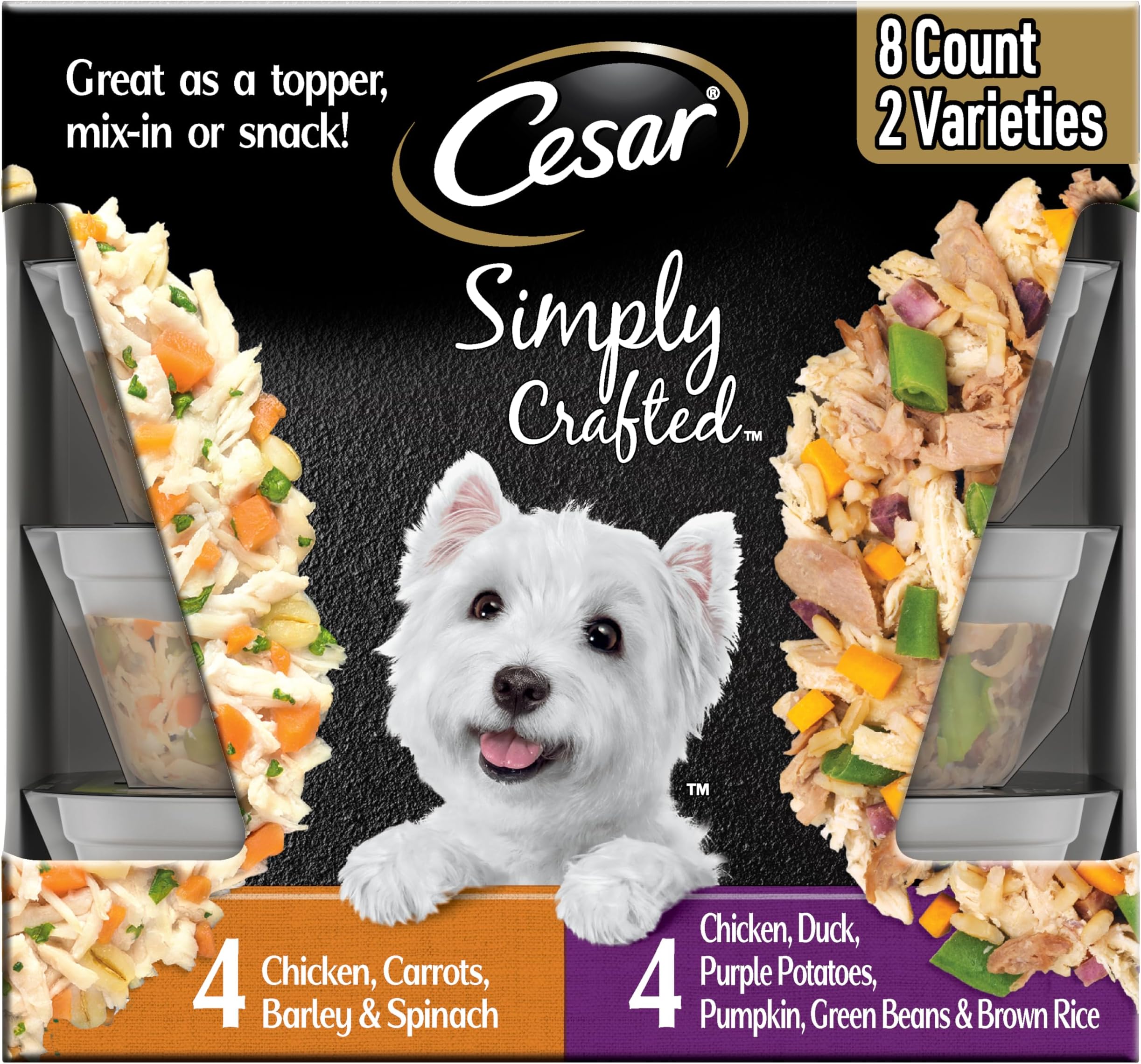 Simply Crafted Wet Dog Food Toppers for Dry Food, Chicken, Duck, Purple Potatoes, Pumpkin, Green Beans & Brown Rice, and Chicken, Carrots, Barley & Spinach Variety Pack, 1.3 oz Tubs, 8 Count