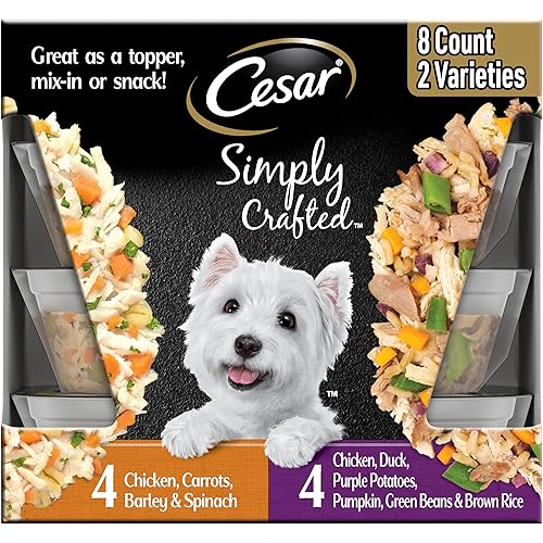 Cesar Simply Crafted Adult Wet Dog Food Meal Topper, Chicken, Duck, Purple Potatoes, Pumpkin, Green Beans & Brown Rice and Chicken, Carrots, Barley & Spinach Multipack, 1.3oz (8 Count, Pack of 1)