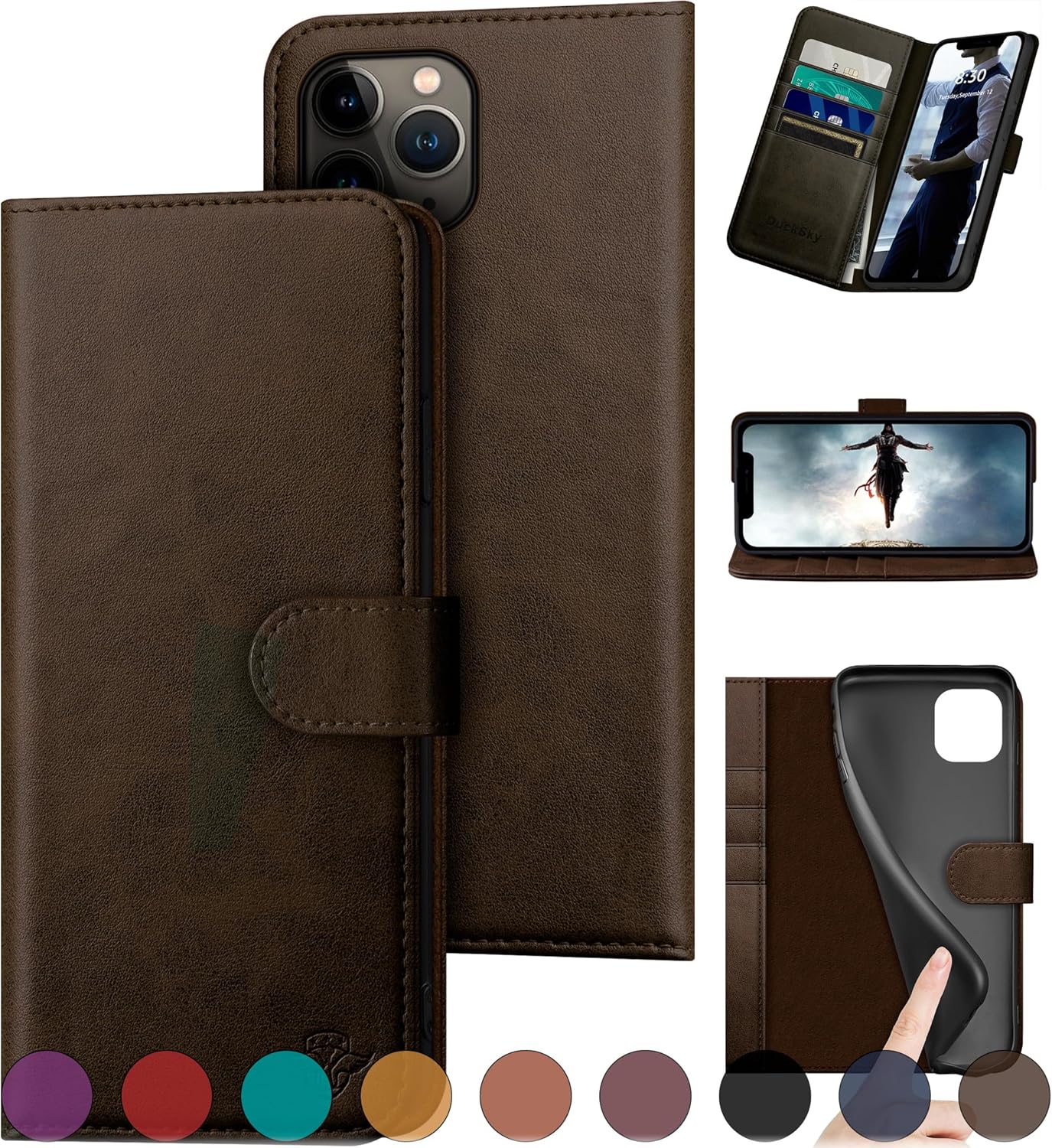 DuckSky for iPhone 11 Pro Max Genuine Leather Wallet case 【RFID Blocking】【4 Credit Card Holder】【Real Leather】 Flip Folio Book Phone case Protective Cover Women Men for Apple 11ProMax case Brown