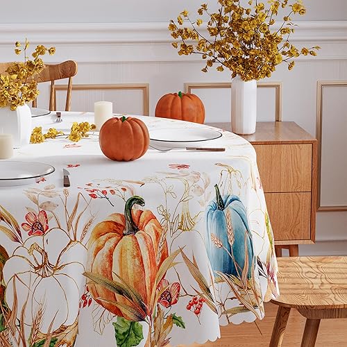 Miniatura 2 de Mantel redondo de otoño de 60 x 60 pulgadas, manteles de calabaza en acuarela para decoración de otoño y Acción de Gracias para el hogar, borde