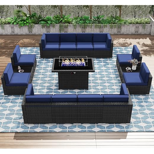 Patio Furniture Set with Fire Pit Table, 15 Pieces Outdoor All-Weather Wicker Conversation Sectional Chair Sofa Set
