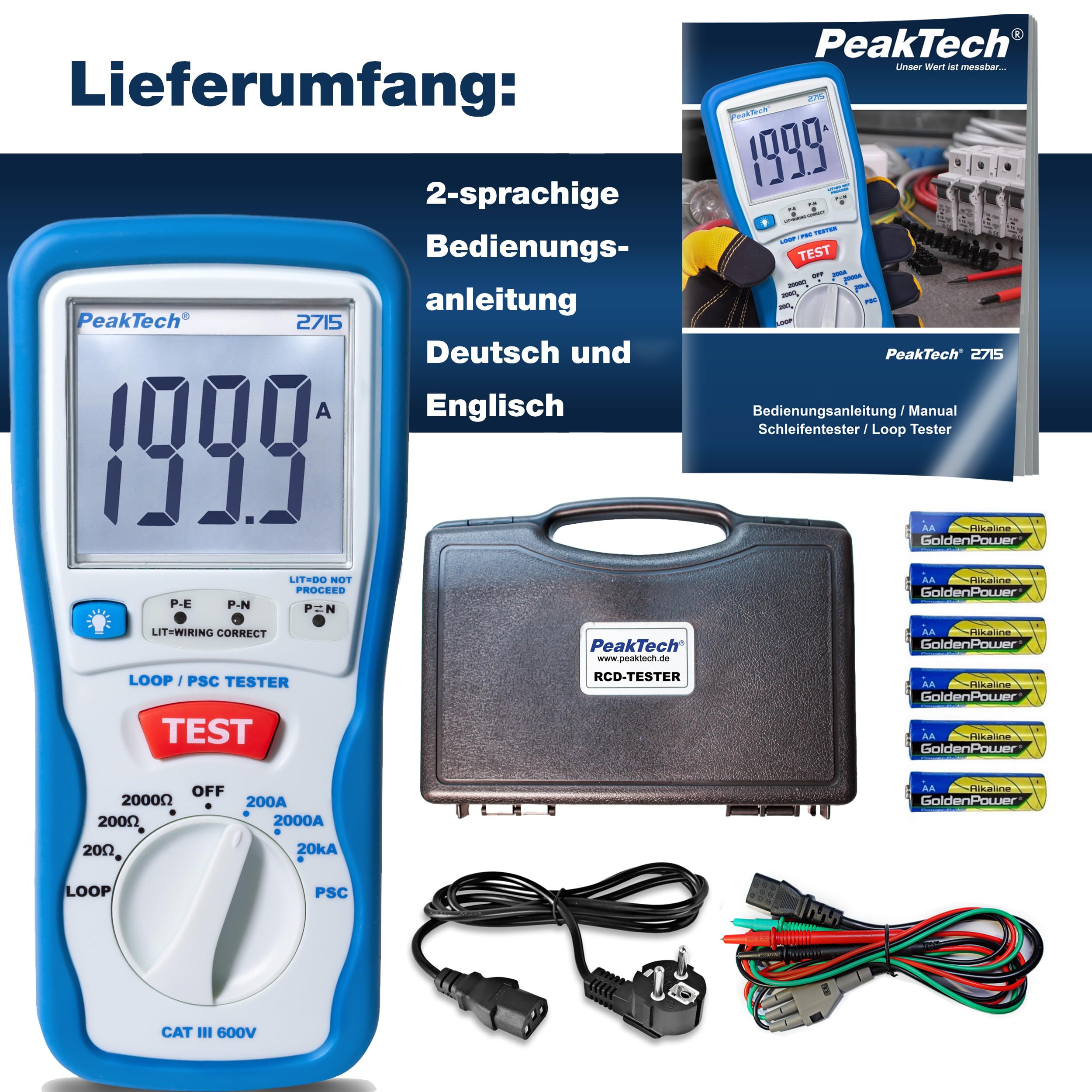 PeakTech P 2715 – Tester digitale PSC con display LCD con misurazione dell'impedenza, corrente di cortocircuito, fusibile di circuito con custodia isolata - CAT III 600 V