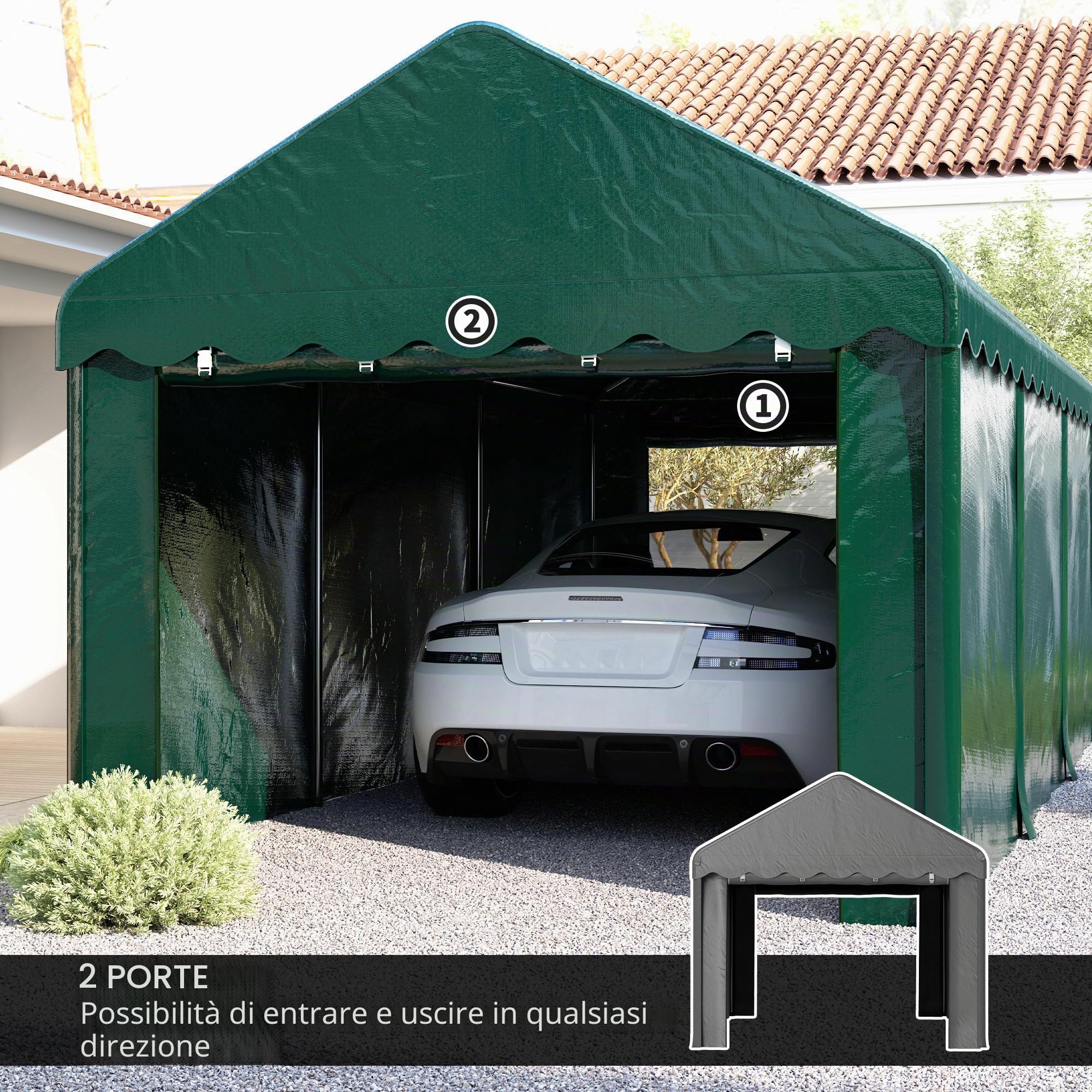Outsunny Tenda da garage Carport 3 x 6 m con 2 porte avvolgibili, tessuto PE 200 g, resistente ai raggi UV e impermeabile, per auto, camion, barca, verde