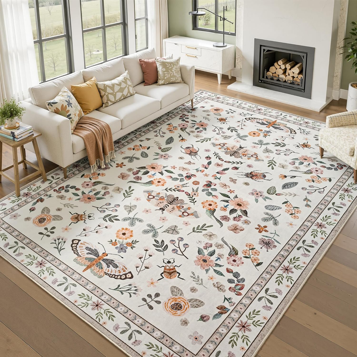 Foxmas Washable Area Rugs for Living Room, 5x7 Non-Slip Butterfly Floral Print Throw Rug, Low Pile Modern Indoor Floor Rug, Carpet for Bedroom Dining Room Laundry Room Kitchen Home Office，Beige