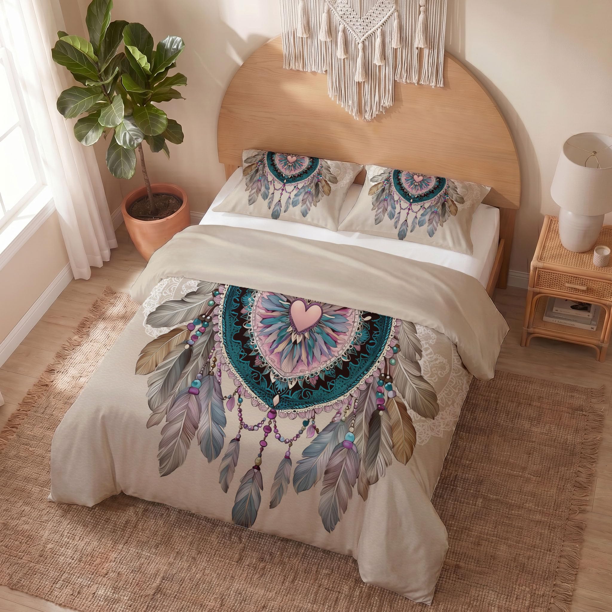 Wendebettwäsche 240X220 Beige Bohemianischer Traumfänger Schlafzimmer Bettwäsche 3Tlg, Retro-Federn Bettbezug Und 2 Kissenbezug, Weiche Mikrofaser Deckenbezug Mit Reißverschluss