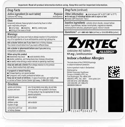 Miniatura 6 de Zyrtec Tabletas para aliviar la alergia las 24 horas, 10 mg de cetirizina HCl antihistamínico medicamento para la alergia, 14 unidades
