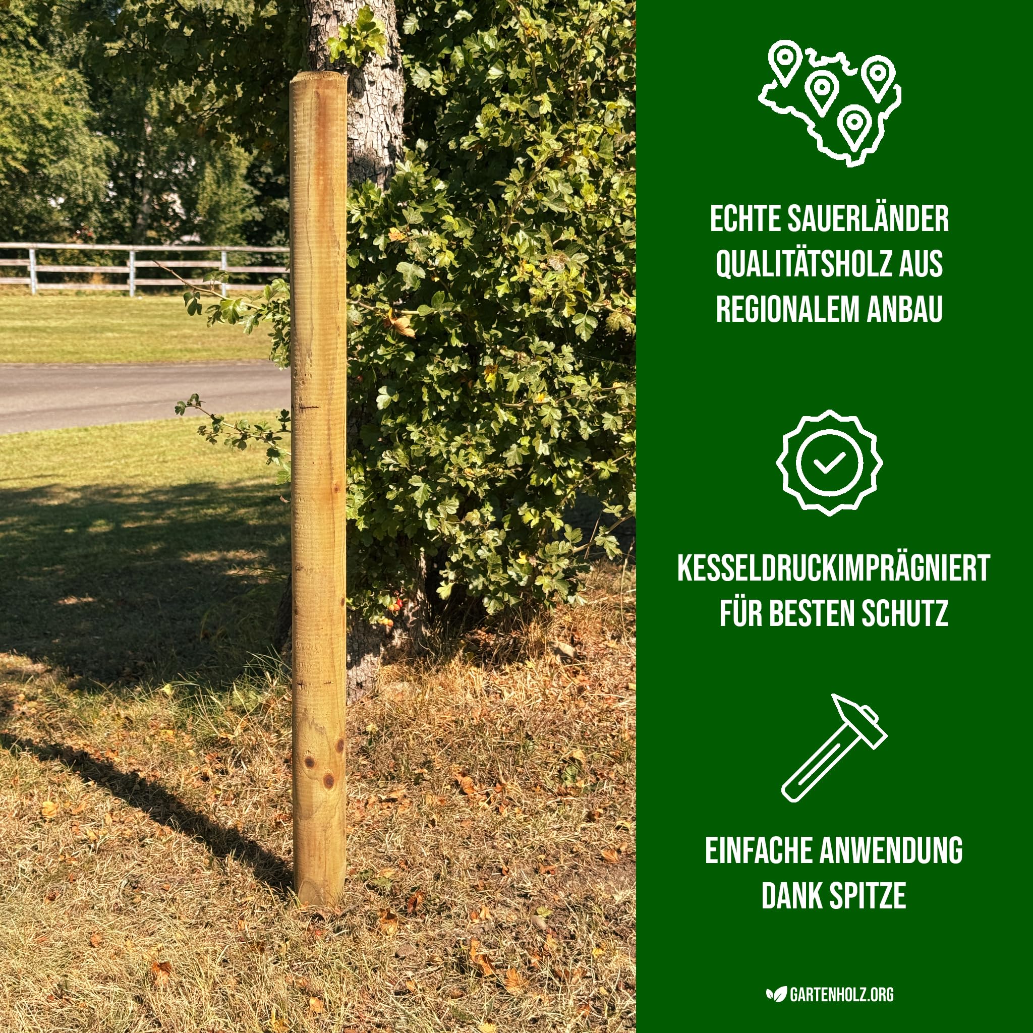 10 Stück Zaunpfähle Holz Ø 4 cm – KDI Grün imprägnierte Rundpfähle aus Sauerländer Holz – angespitzte Baumpfähle in verschiedenen Längen für Garten, Weide & Landschaftsbau (125 cm Länge)