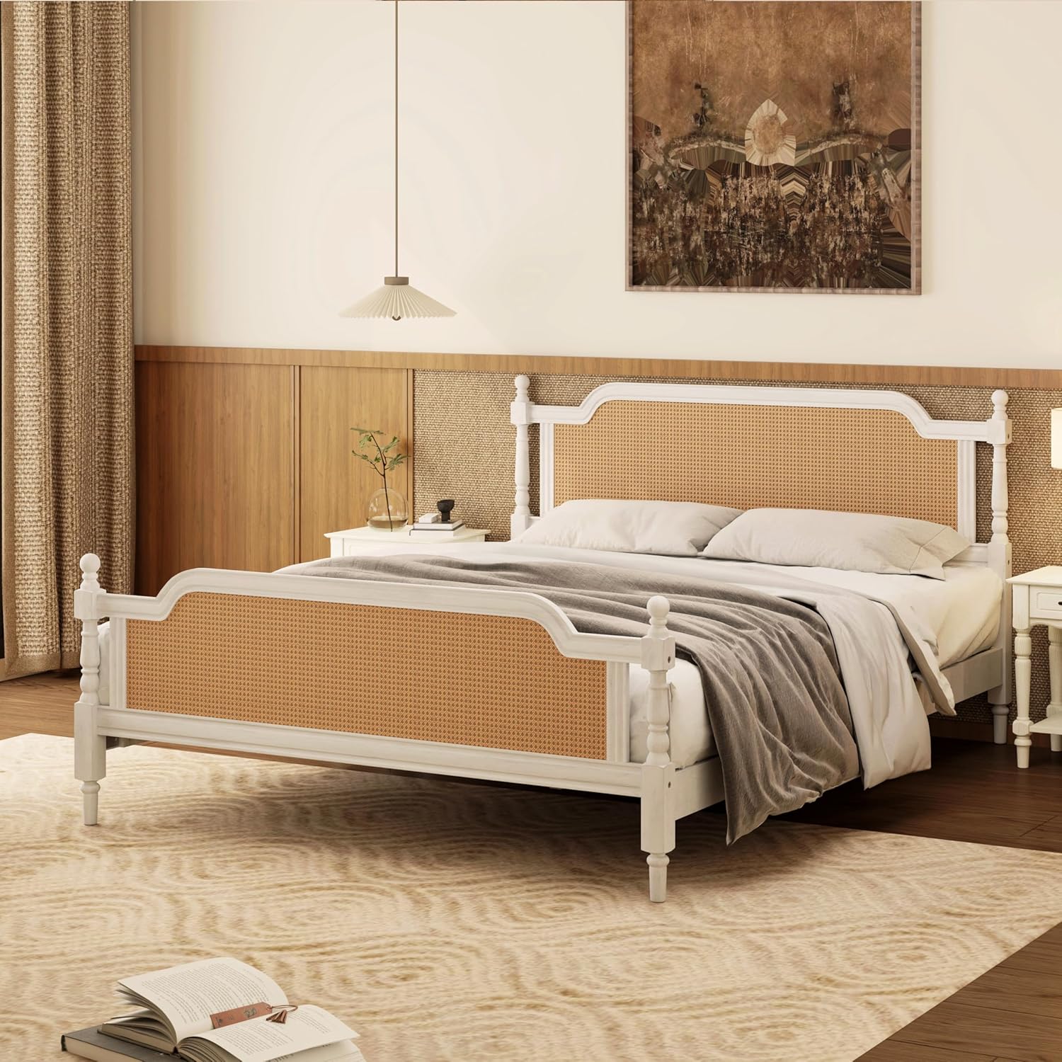 Mid Century Style King Size Platform Bed with Rattan Headboard and Footboard,Solid Wood Foundation Bed Frame with Slat Wood Support,French Style,No Box Spring Needed (Antique White)