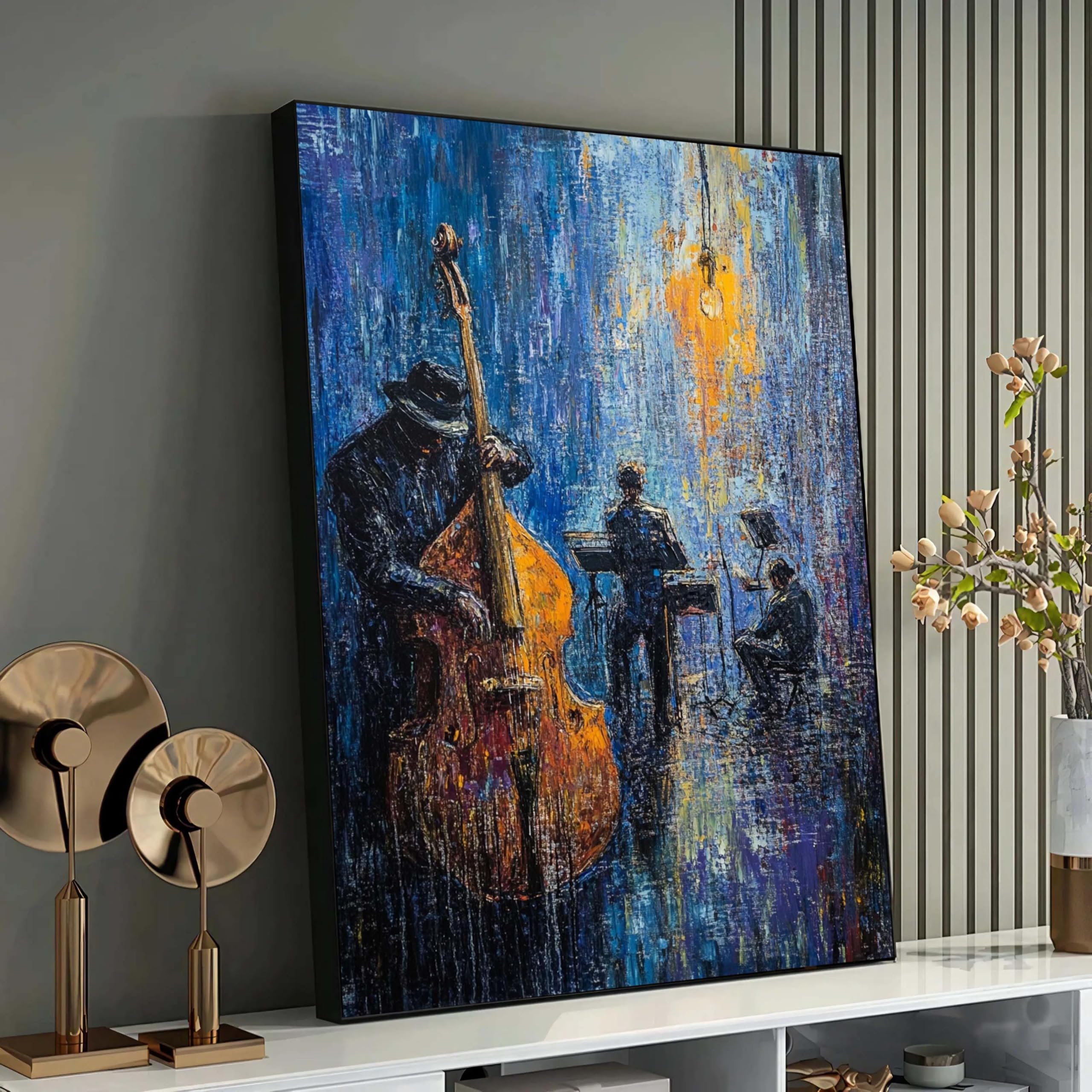 Tableau jazz sur toile 50x70 cm avec cadre intérieur bleu orange