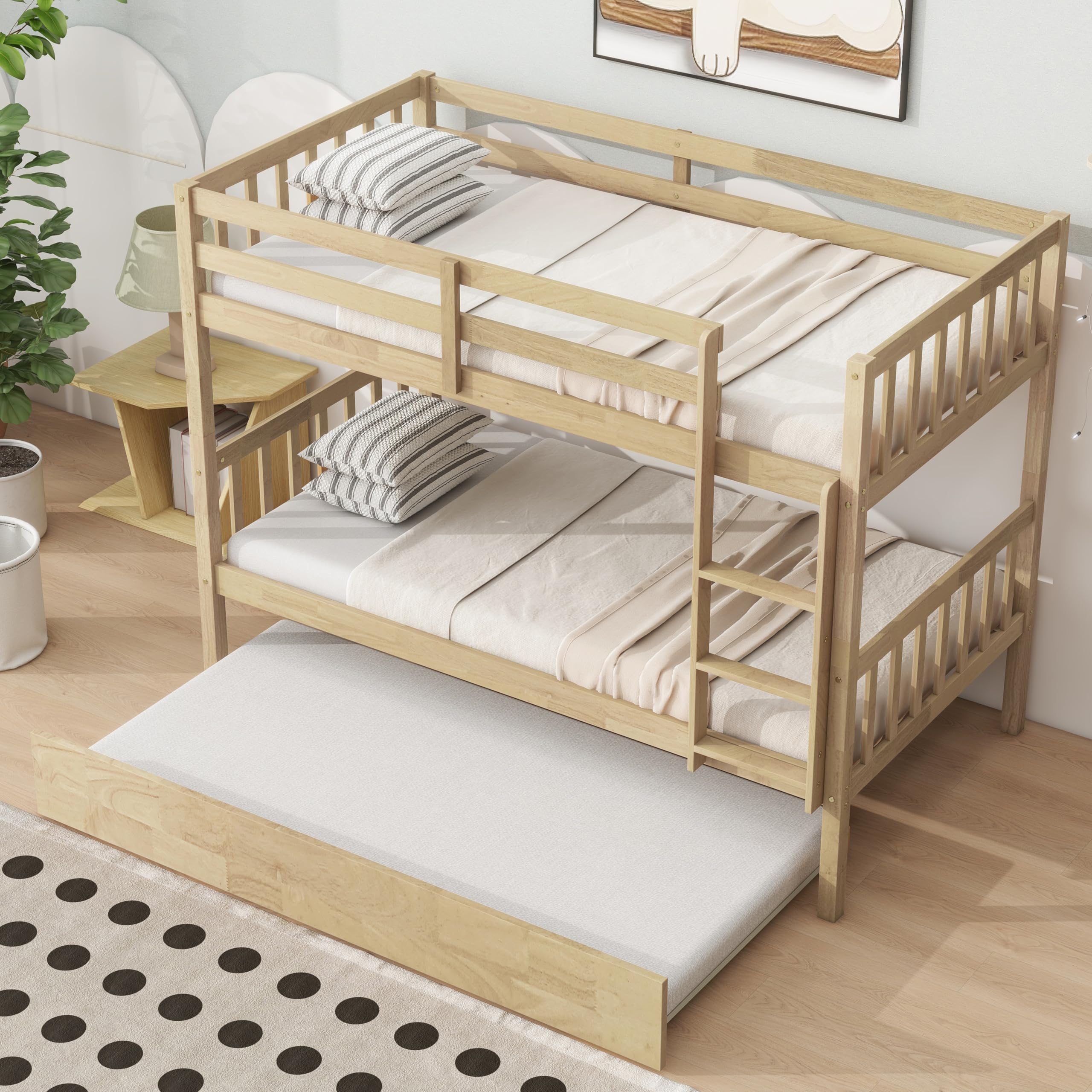 Photo 1 of ** PARTIAL SET** Harper & Bright Designs Convertible Wood Twin-Over-Twin Bunk Bed with Trundle and Ladder - Can Be Divided Into Two Platform Beds, White Oak