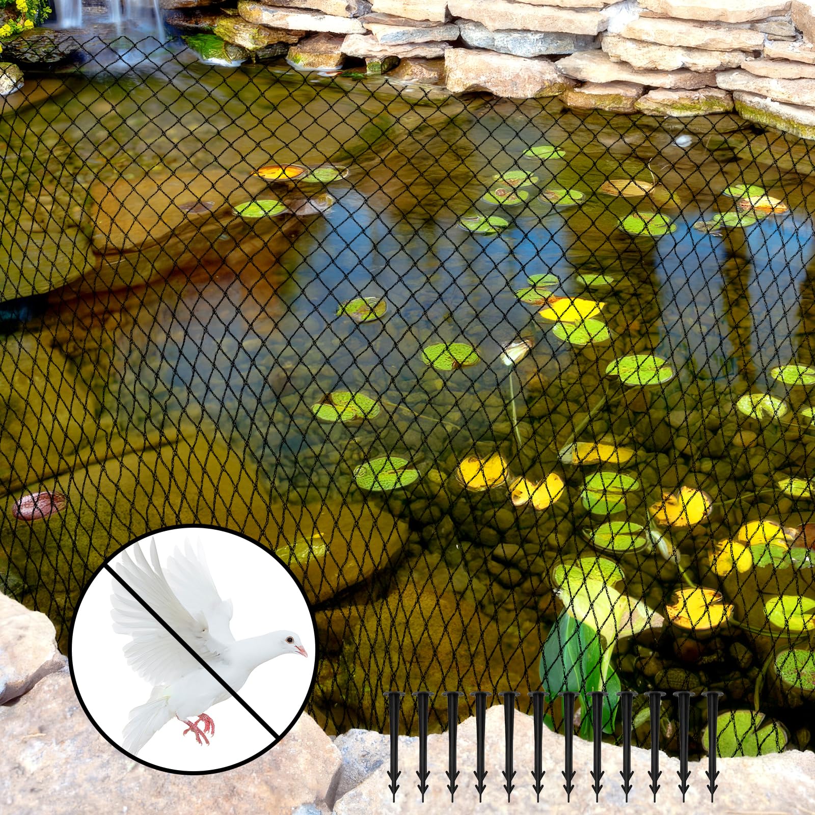 Teichnetz Feinmaschig, Vogelnetze Vogelschutznetz mit 12 Stück Bodenanker, Obstbaumnetz Laubnetz UV Beständig Schwarz für Teich Gartennetz Obstbäume Gemüse Schutznetz (2x5m)