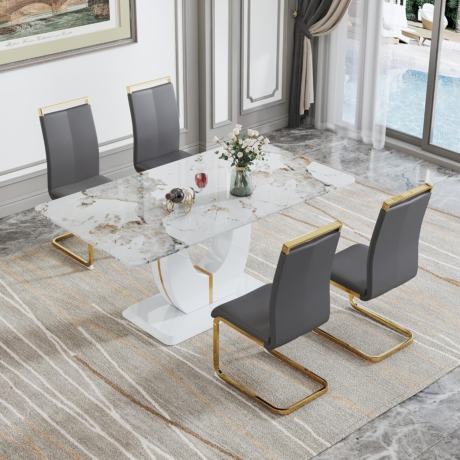Amazon.com - JUFU Modern Dining Set for 4, White Marble Table & 4 Grey ...