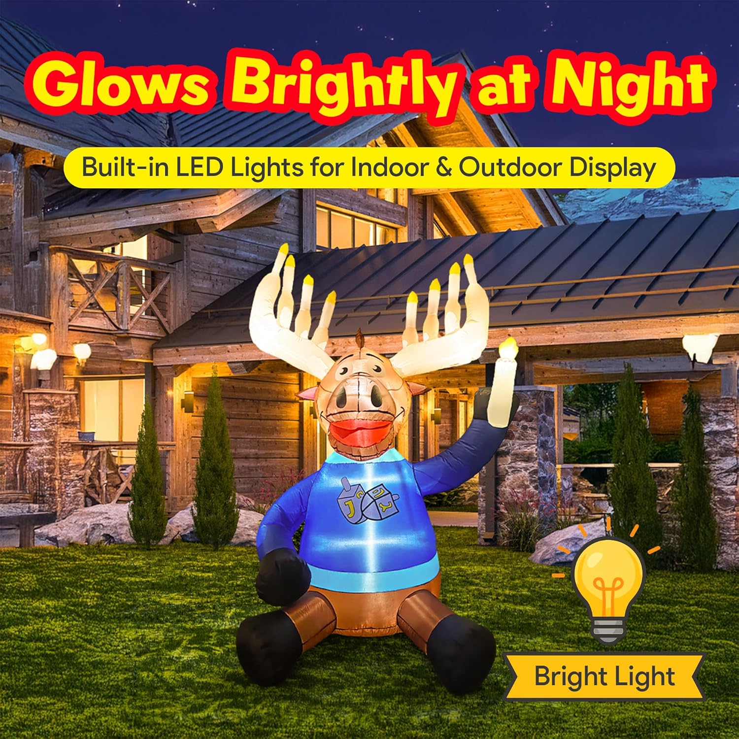 Macabee Moose 6 FT Inflatable Hanukkah Decorations – Blow Up Hanukkah Decorations for Outdoor Use, Hanukkahs Inflatables Outdoor with LED Lights, Festive Hanukkahs Yard Decor for Home, Garden, Patio