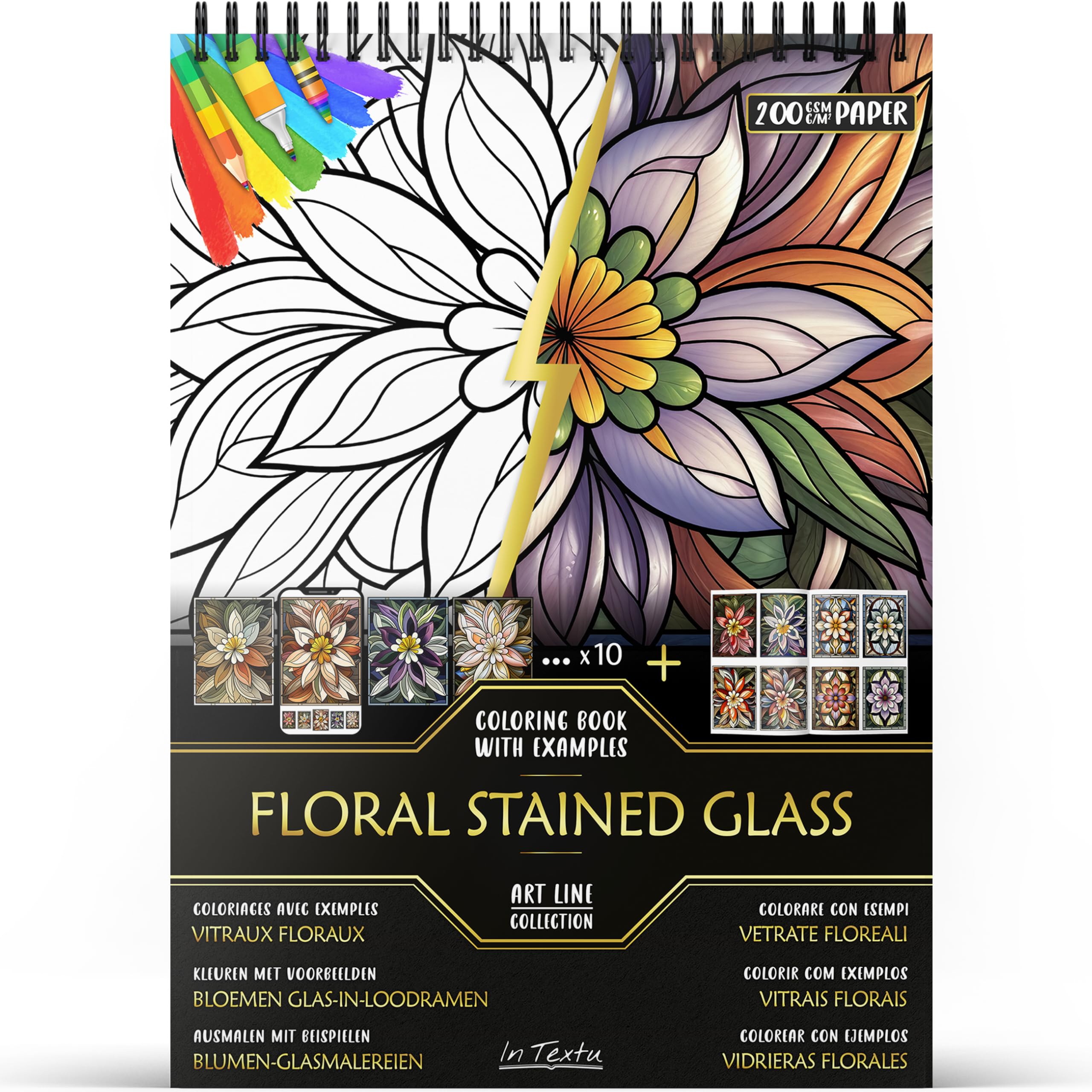 In Textu Colouring Book – Floral Stained Glass – Coloring Book For Adults And Teens With Inspiring Colored Examples – Premium 200 Gsm Paper – Fine Spiral Binding – Relaxing And Creative Coloring Book