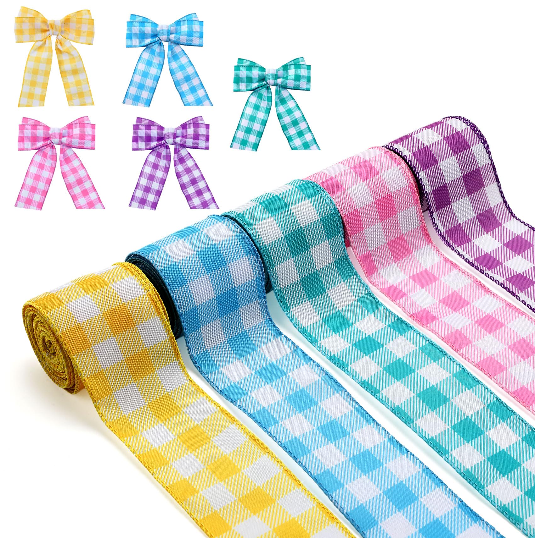 Gingham Ribbon 5 Rolls 2.5inch Wired Burlap Ribbons for Gift Wrapping Easter Ribbon Gingham Checkered Ribbon Plaid Easter Wide Ribbons for Crafting Christmas Birthday Gift Basket Decoration 25yds