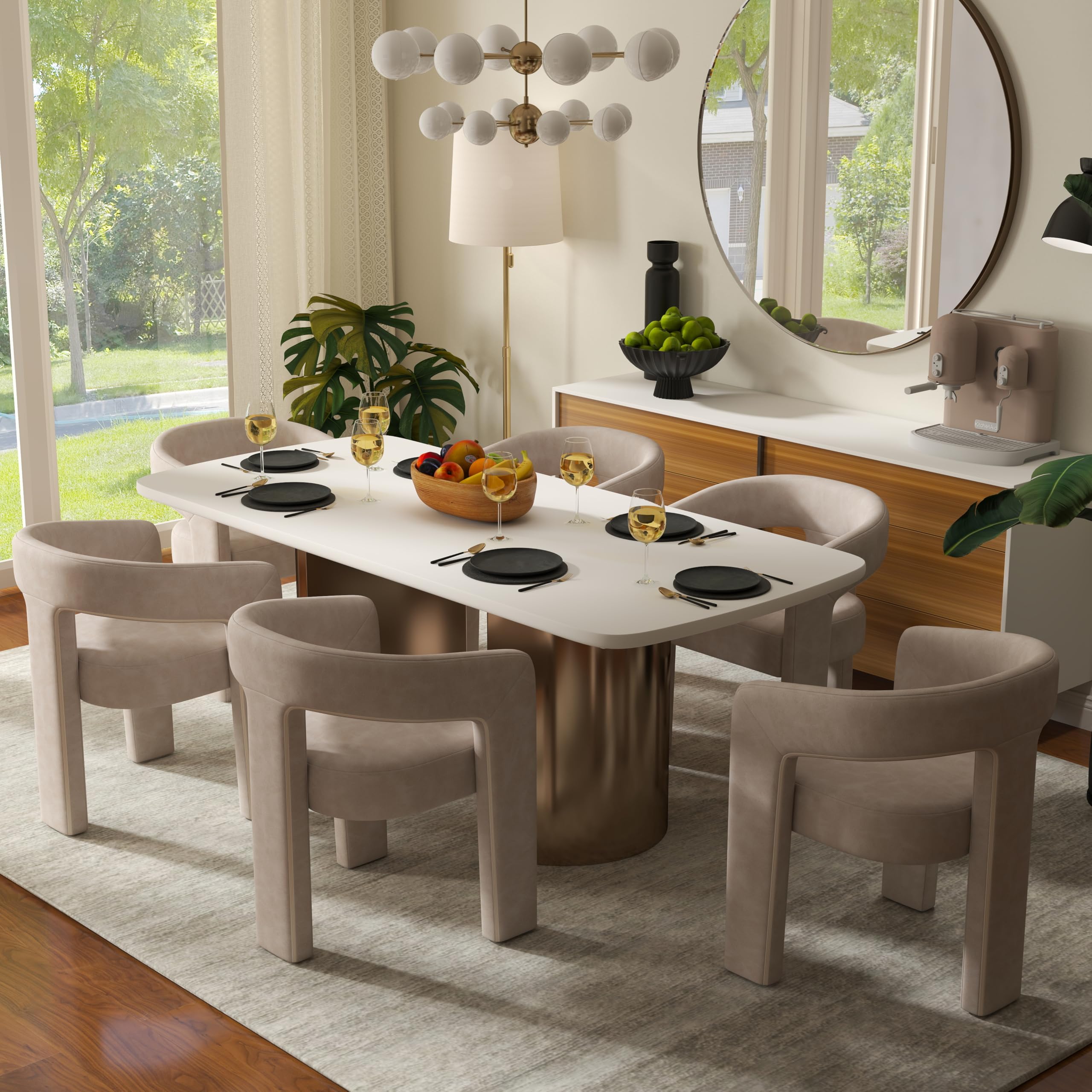 Modern Dining Chair Set of 6, Faux Leather Upholstered Barrel Kitchen Chair, Round Dining Chairs with Wooden Legs, Assembled Accent Armchairs for