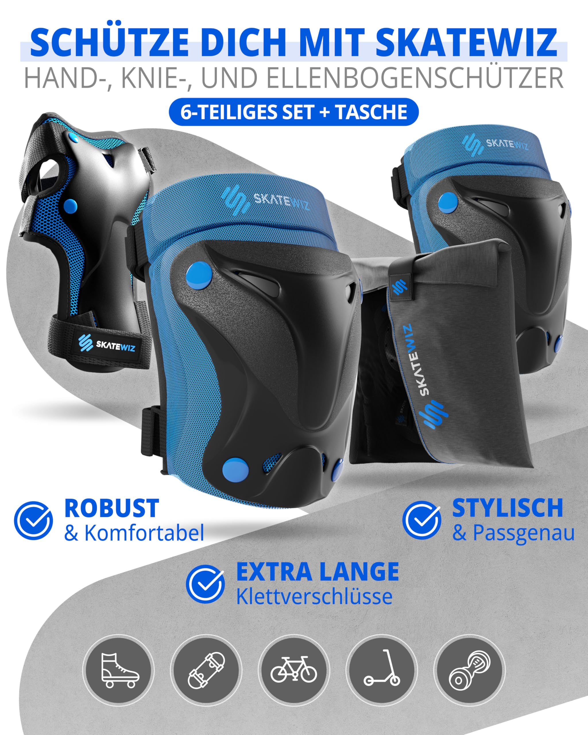 SKATEWIZ Protektorenset 6-teilig - entwickelt in Hamburg - Knie-, Ellenbogen- & Handgelenkschoner für Kinder & Erwachsene - mit Tasche - Protect-1