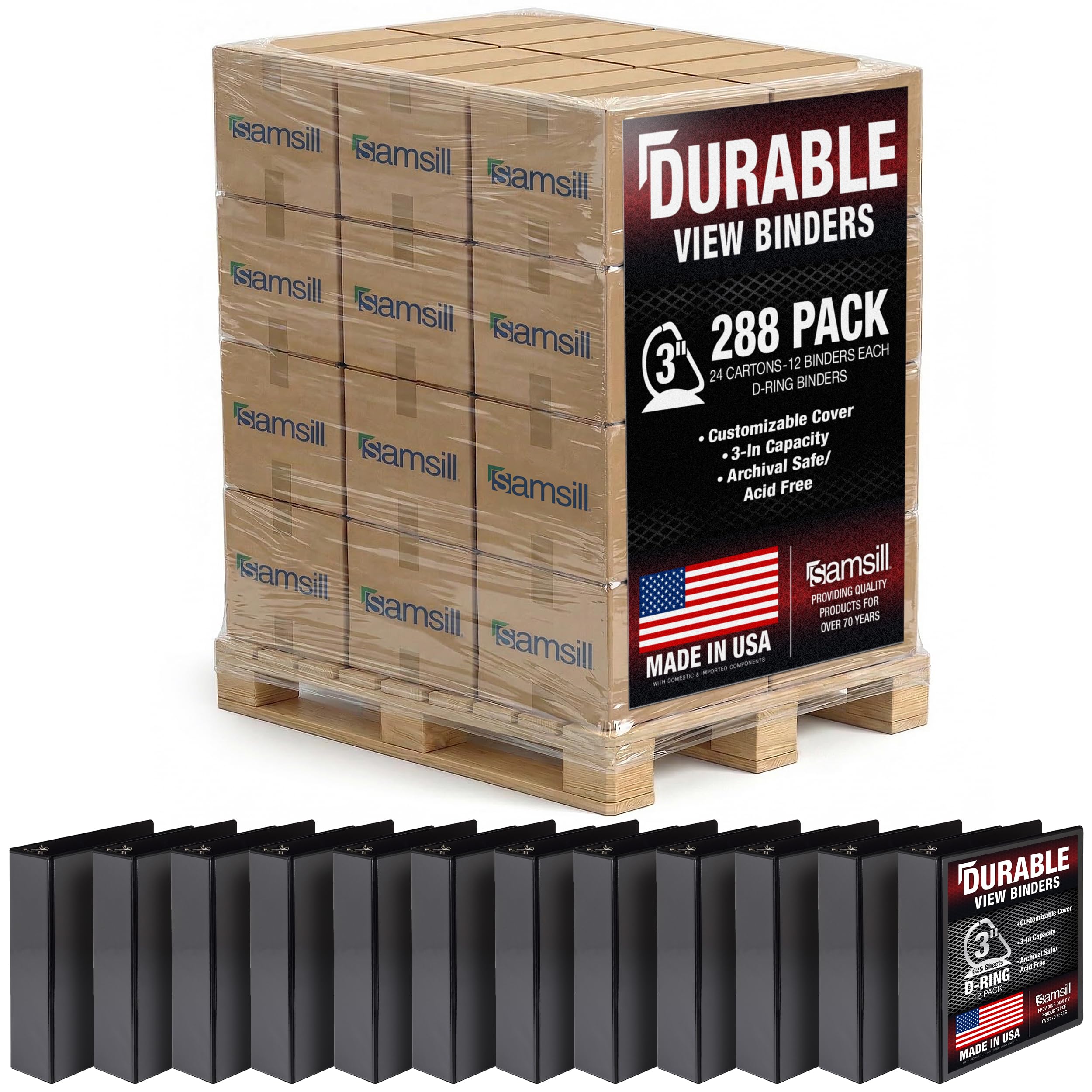 Samsill Durable 3 inch 3 Ring Binder, D Ring Binder, 100% Recycled Chipboard, Black, Pallet of 288 Binders in 24 Cartons