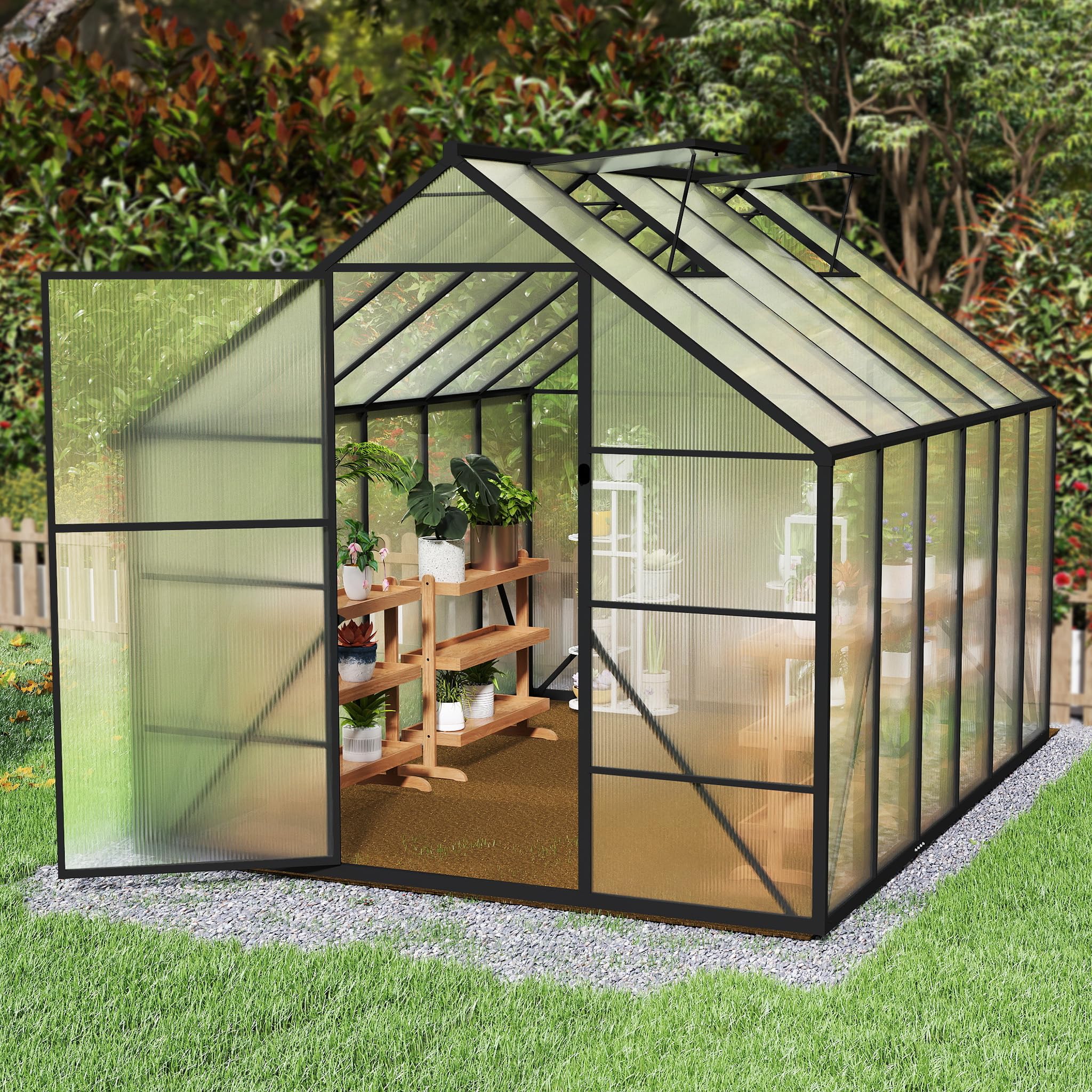 YRHome Szklarnia premium z aluminium, 310 x 250 x 205 cm, 7,75 m², szklarnia ogrodowa ze wzmocnionym fundamentem, oknami dachowymi i drzwiami, odporna na warunki atmosferyczne i temperaturę, na