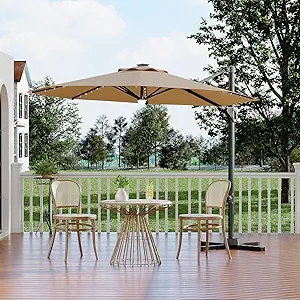 Garvee 10FT Cantilever Patio Umbrella with Solar Lights, 360° Rotation Offset Umbrella, Easy Crank & Tilt Adjustment, UV Protection for Backyard, Poolside, Deck -Tan
