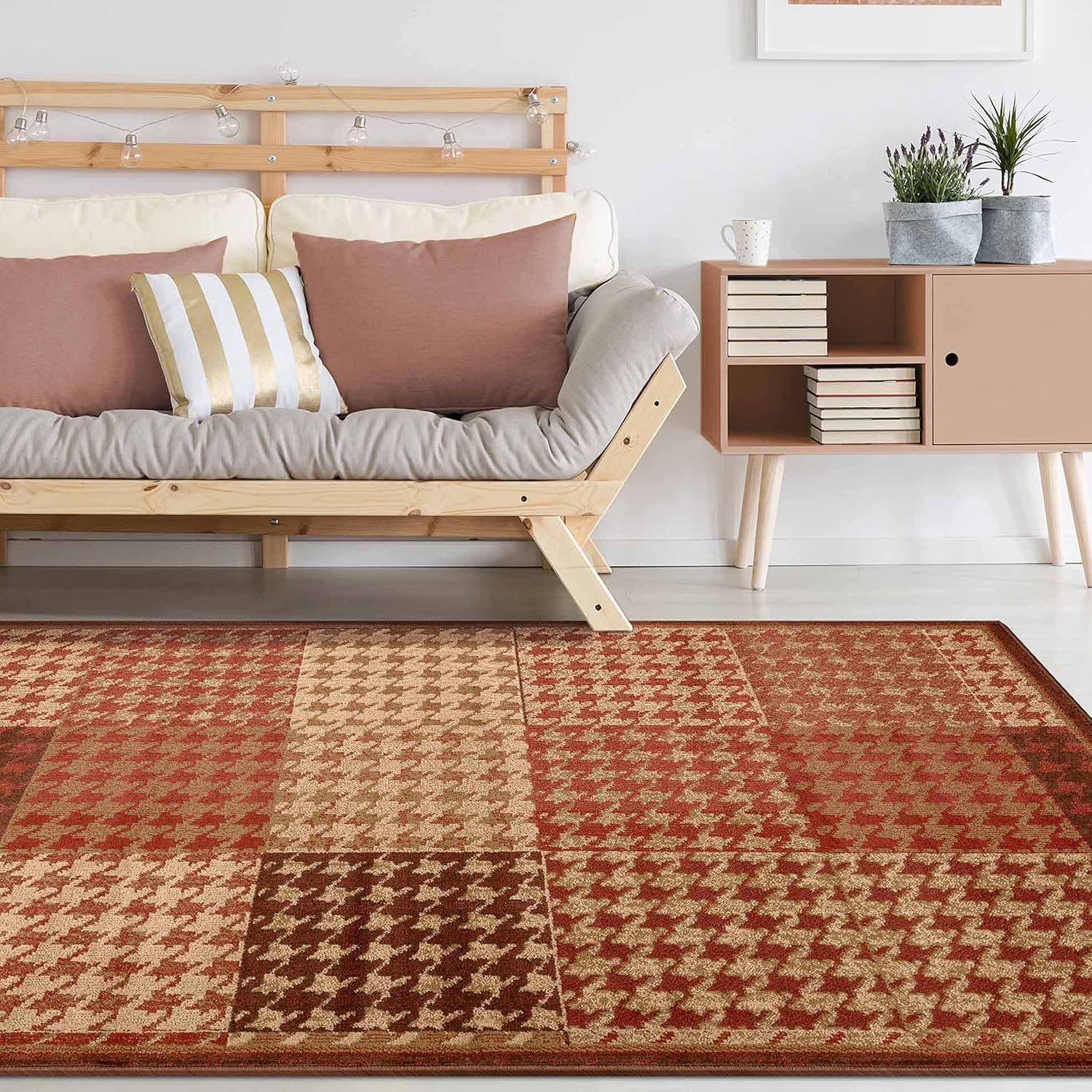 Superior Indoor Area Rug, Jute Backing, Modern Farmhouse Checkered Houndstooth, Ideal for Entry, Living Room, Kitchen, Bedroom, Hallway, Floor Cover, Natte Collection, 5' x 8', Red
