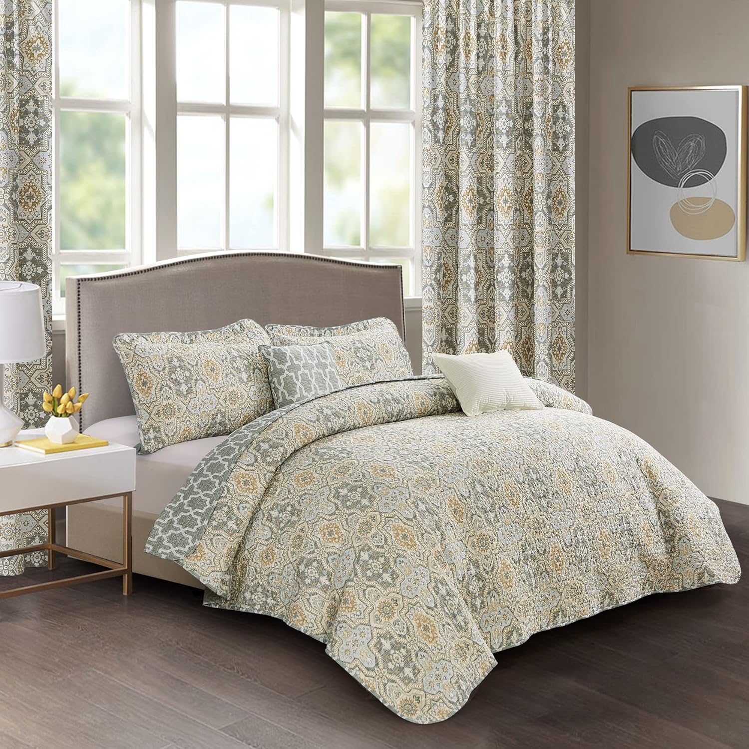 HESTIN 7 Piece Geometry Microfiber Reversible Bedspread Floral Design Matching Light Filtering Curtains for All Season, Grayish Yellow, King (102" x 90")