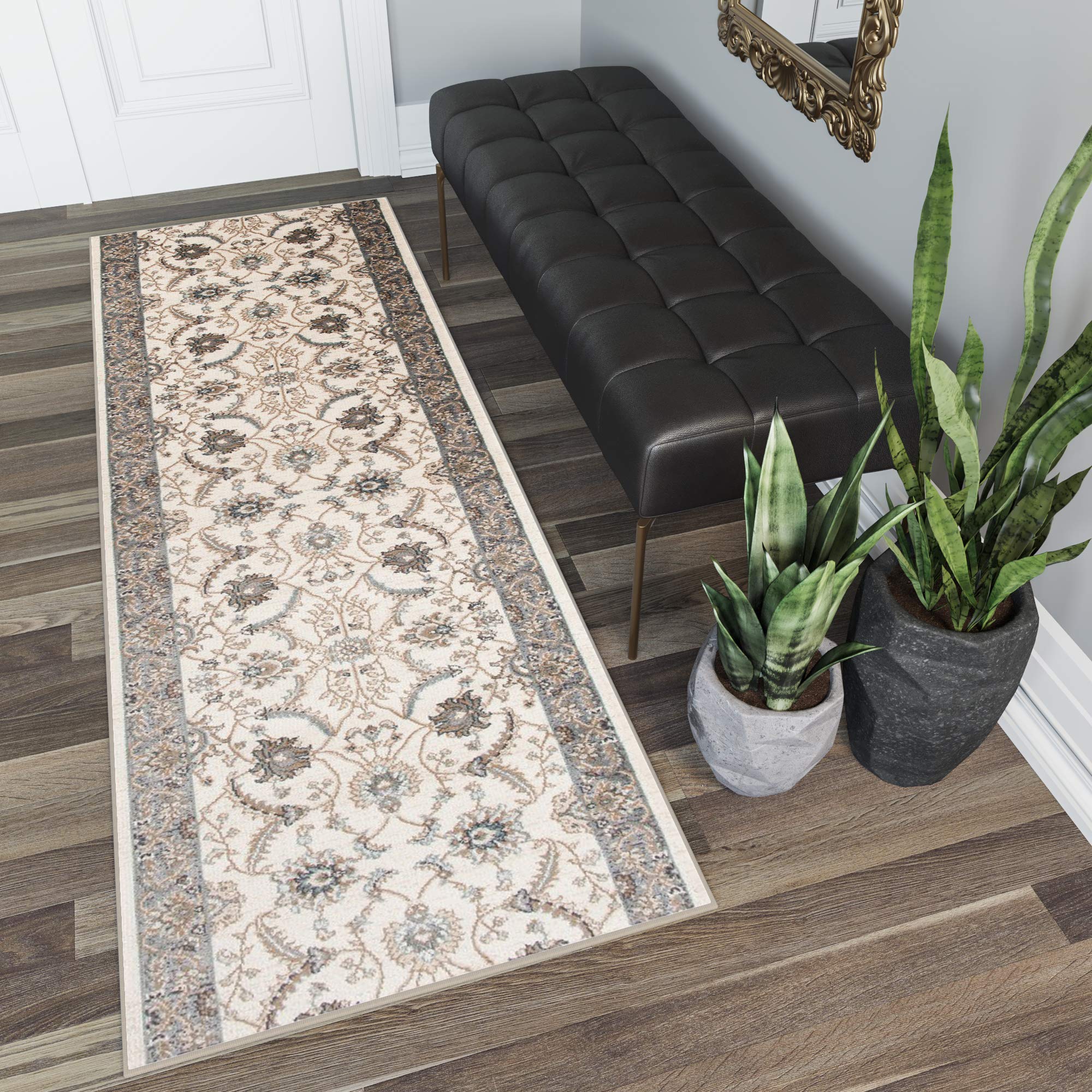 Tapiso Dubai chodnik dywan most kremowy z klasycznym ornamentem kwiatowym wzór korytarz salon Ökotex 80 x 440 cm