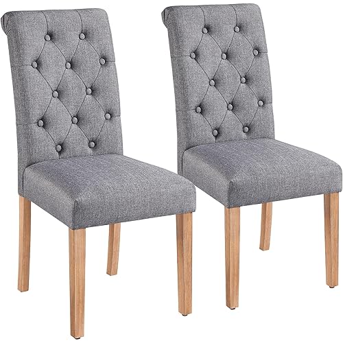 Yaheetech Dining Chairs Set of 2 Fabric Upholstered Dining Room Chairs with Button Tufted High Back and Solid Wood Legs for Kitchen/Living Room/Restaurant, Modern Style, Dark Gray