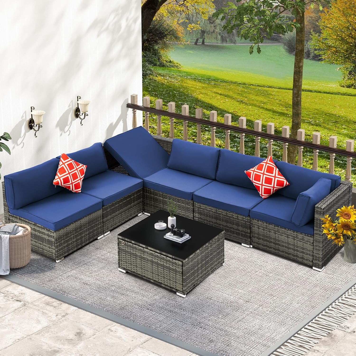 SIMILAR TO !!! HOMREST 7 Piece Outdoor Patio Furniture, Hand Woven PE Rattan Patio Conversation Sets, Outdoor Sectional Set with Storage Table, Cushions and Pillows, Lift Sofa for Garden, Balcony, Lawn (Navy Blue) 7 pcs Navy Blue