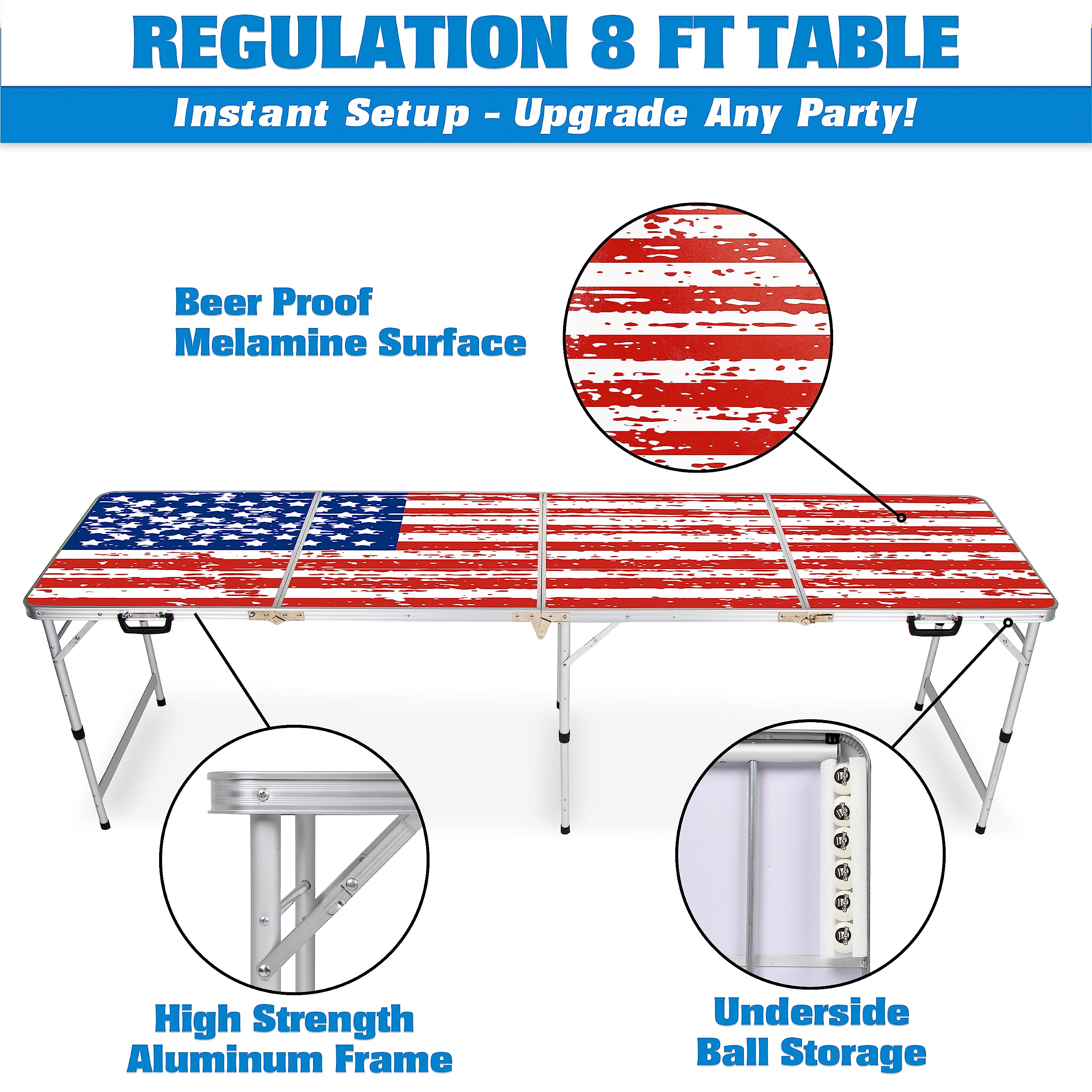 GoPong Mesas portátiles de 8 pies de Cerveza/portón Trasero (Negro, fútbol, Bandera Americana o borrado en seco Personalizado)