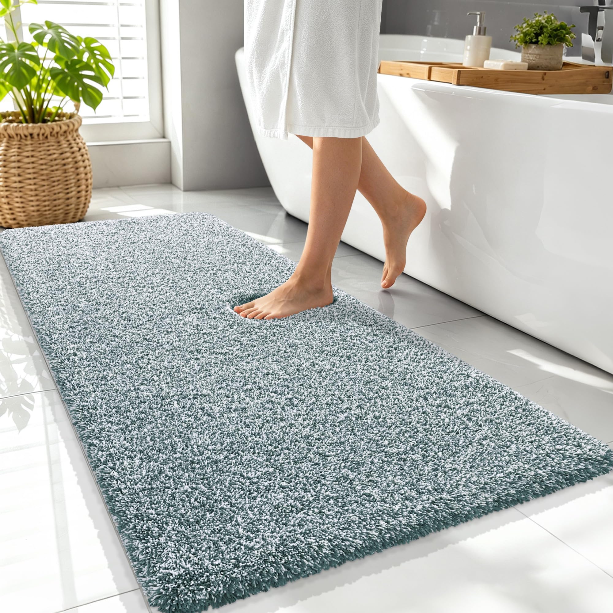 OLANLY Microfiber Soft Bathroom Rugs Mats 47x24, Blackish Green and White
