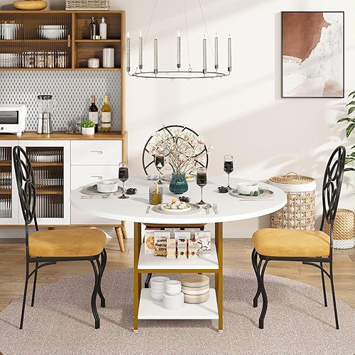 Miniatura 6 de Tribesigns Mesa de comedor redonda de 47 pulgadas para 4 personas, mesas de cocina doradas con estantes de almacenamiento de 2 niveles para comedor,