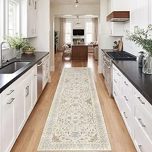 Madane Runner Rug 2x8, Washable Hallway Runner Rugs, Non-Slip Low-Pile Soft Kitchen Rug Runner Laundry Room Rug, Vintage Throw Entry Foyer Mat for Entrance Living Room (Beige/Blue, 2 x 8)