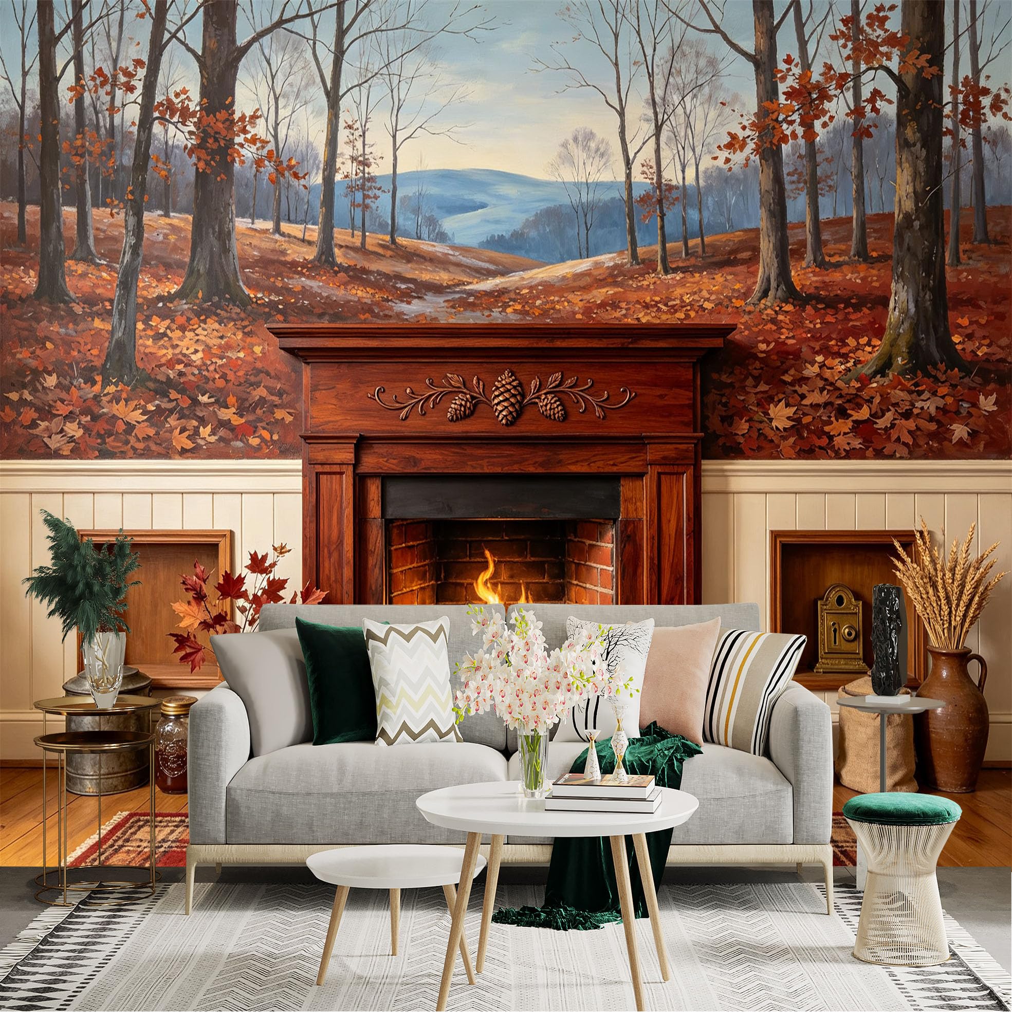 Lnzczhyre Bh260719366 Custom Size Wall Sticker Mural， Autumnal Forest Landscape， Painted Woodland Scene， Fall Foliage View， Rustic Nature Scenery， For Wall Decoration， Peelandstick Wall Decals.