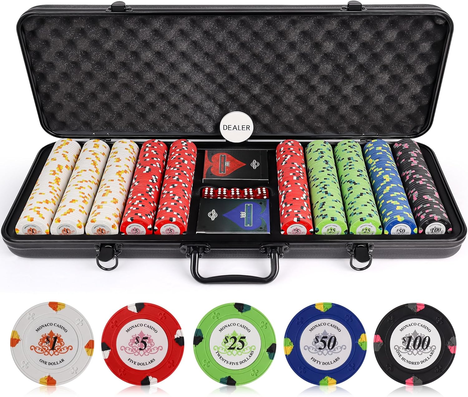 Poker Chips Set - 500pc Monaco Casino 13.5g Clay Poker Chips Set by Versa Games - Strong Aluminum Case, 2x Decks of Cards, 5x Dice