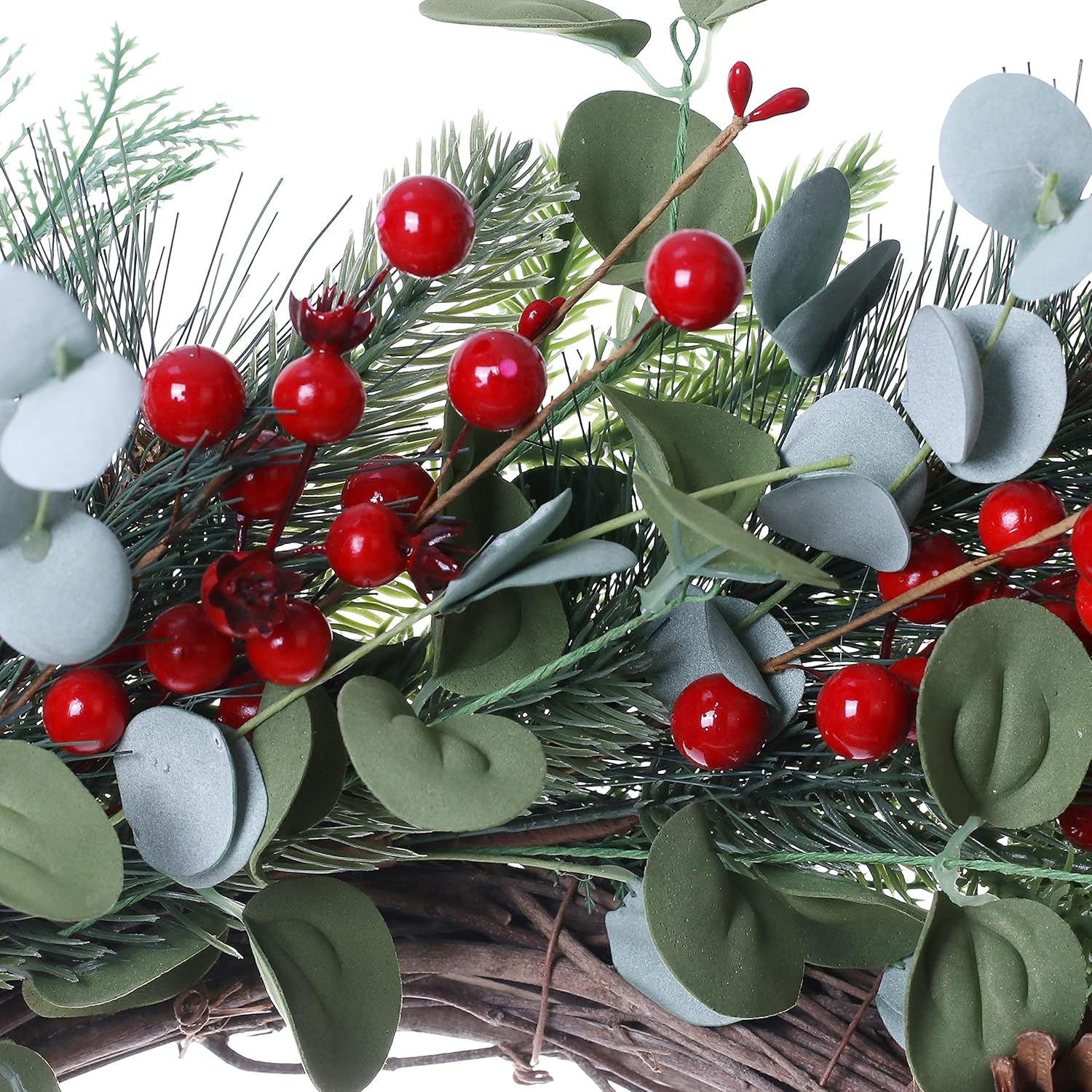 20 Inches Christmas Wreath Winter Wreaths Holiday Christmas Wreaths for Front Door Christmas Berry Wreath with Pine Needles Pine Cones Red Berries for Window Indoor Outdoor Winter Decorations - Image 8