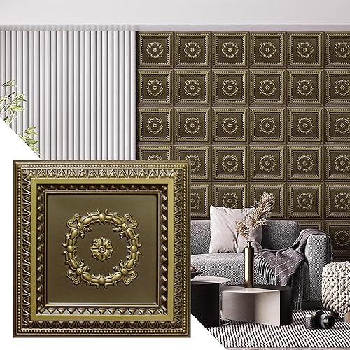 Dundee Deco Rustic Traditional Antique Brass Glue Up or Lay in PVC 3D Decorative Ceiling Panel 2 ft X 2 ft 60cm X 60cm 4 sq ft 037 sq m Each Pack of