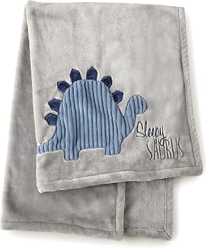 Levtex Baby - Kipton Plush Blanket - Appliqued and Embroidered Dinosaur on Grey Plush - Blue, Grey, Navy - Nursery Accessories - Blanket Size 30 x 40 in.