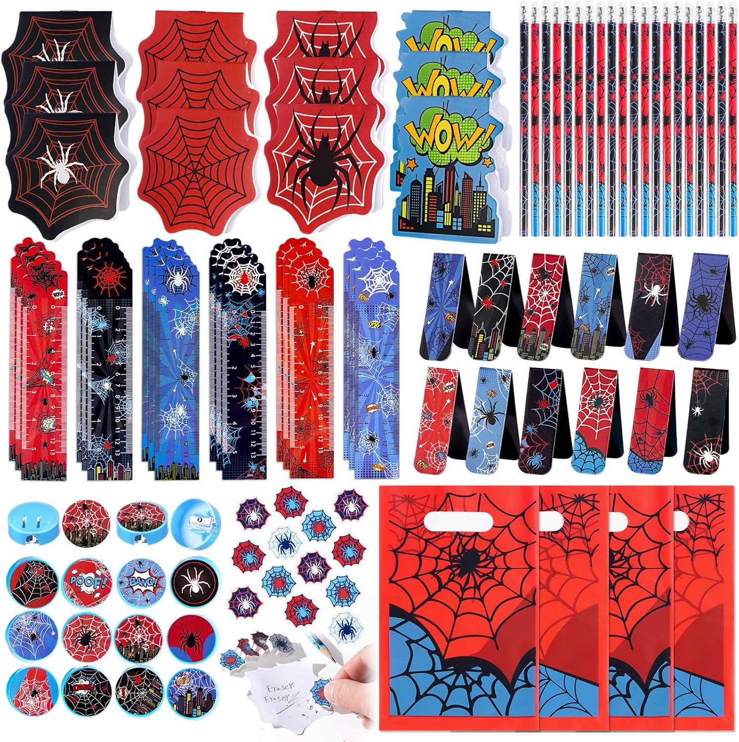 Vanblue 192 Pcs Spider Party Favors Set Gift Hero Theme Birthday Decorations Spider Web Classroom School Reward Gift Prizes Goodie Bag Stuffers for Kids Movie Fans(24 Sets)