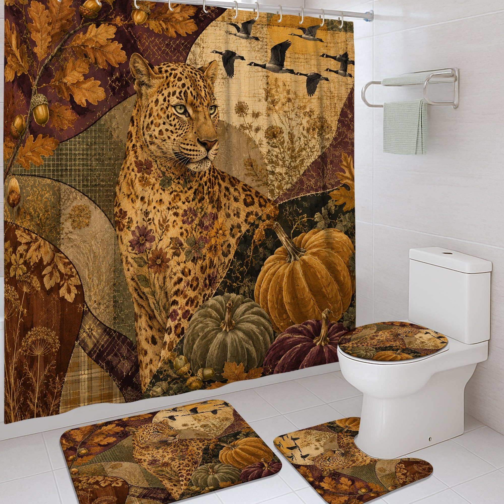 Rideau de douche rustique 183x183 imperméable avec tapis de bain orange motif citrouille léopard