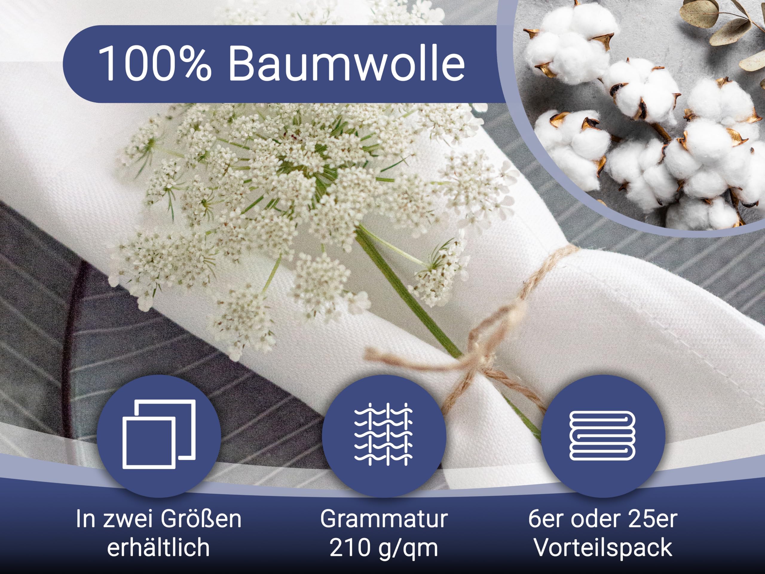 ZOLLNER 25er Set Mundservietten 100% Baumwolle, 50x50 cm, Weiß